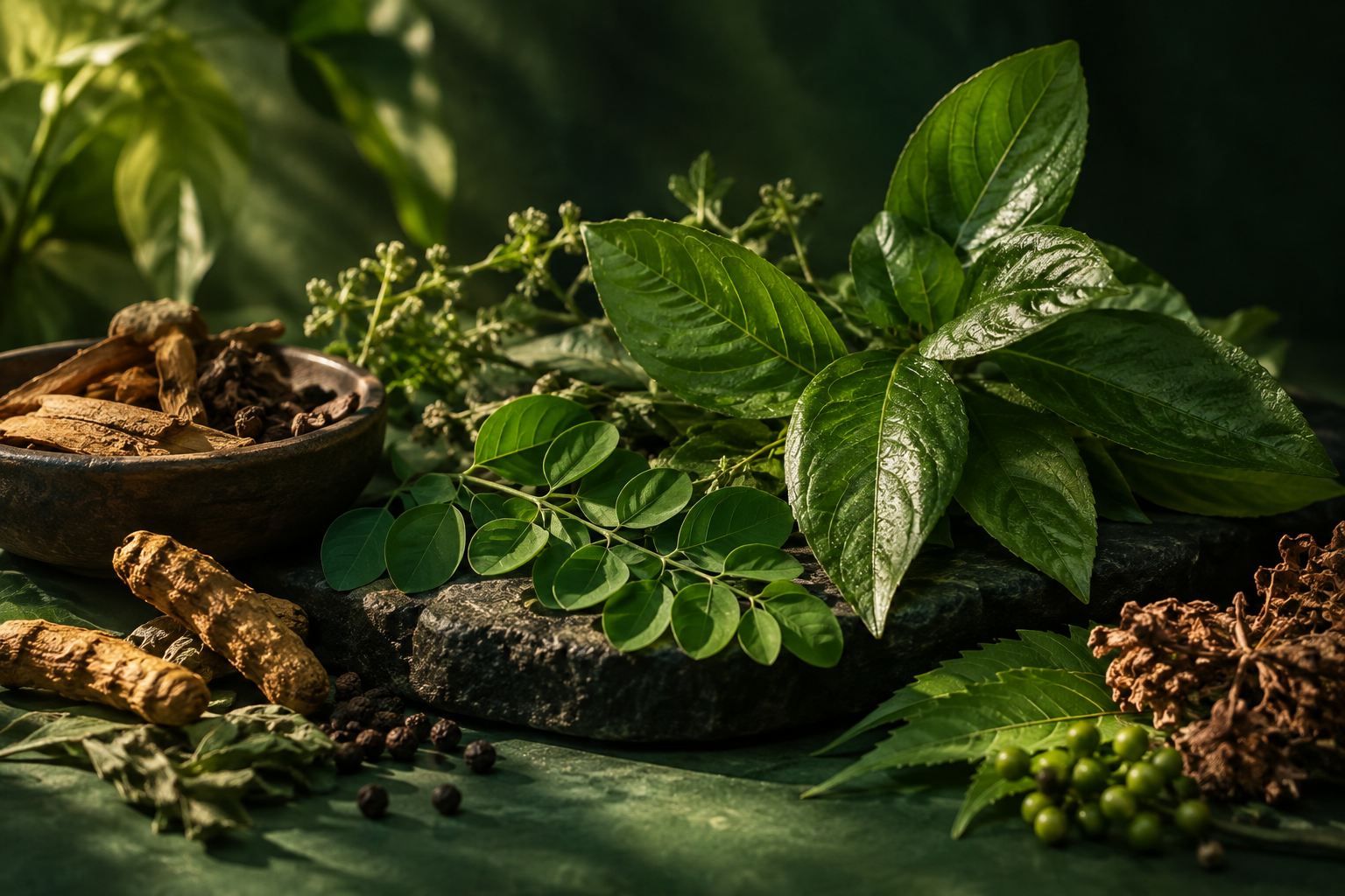 Green botanical leaves in warm natural light